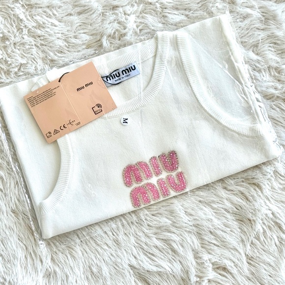 White Tank Top – Pink Beaded Logo - Picture 1 of 1